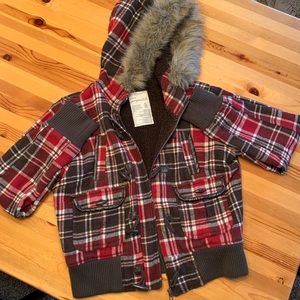 Red Plaid Aero Jacket with Faur Fur Hood